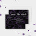 Save the date card featuring dark purple marble background and elegant lettering for a birthday celebration