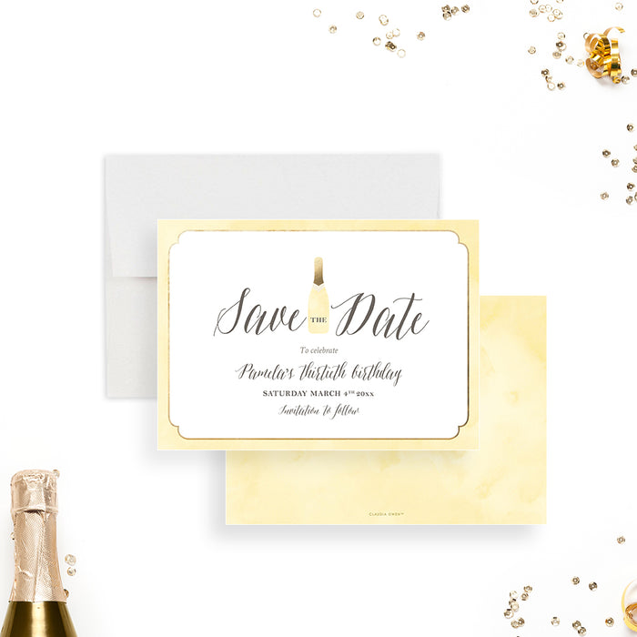 Champagne bottle save the date card for a milestone birthday or cocktail party celebration.-front-back