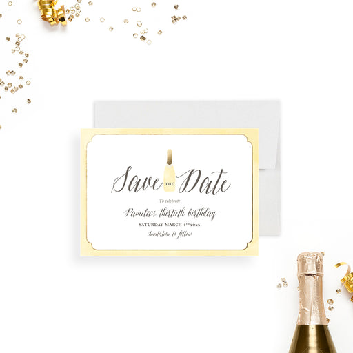 Champagne bottle save the date card for a milestone birthday or cocktail party celebration.-front