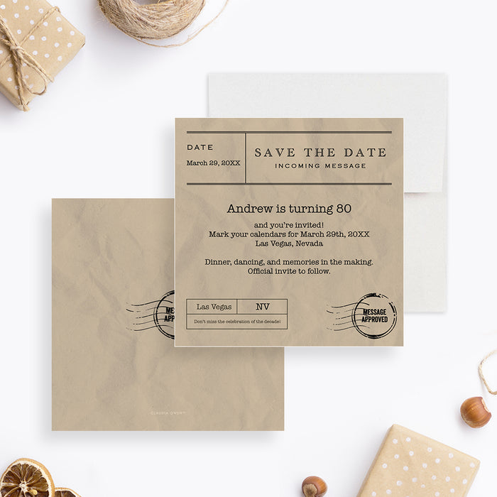 Save the date card with vintage telegram style and postal stamp, a unique pre-invitation for a milestone birthday celebration.-front-back
