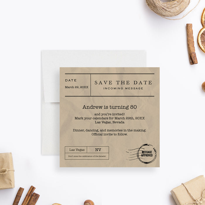 Save the date card with vintage telegram style and postal stamp, a unique pre-invitation for a milestone birthday celebration.-front