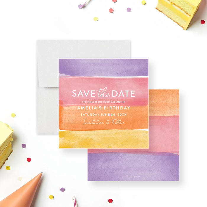 Colorful watercolor birthday save the date card with pastel brushstrokes and personalized party details-front-back