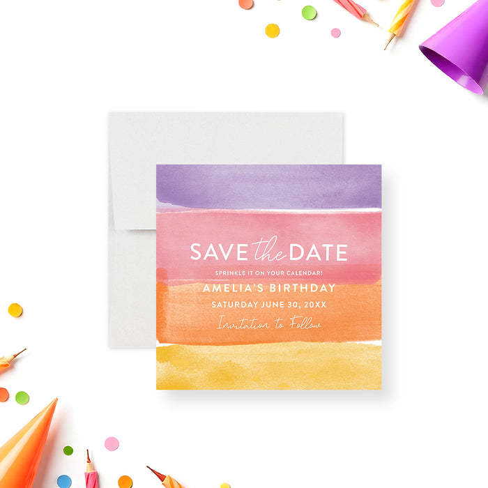 Colorful watercolor birthday save the date card with pastel brushstrokes and personalized party details-front