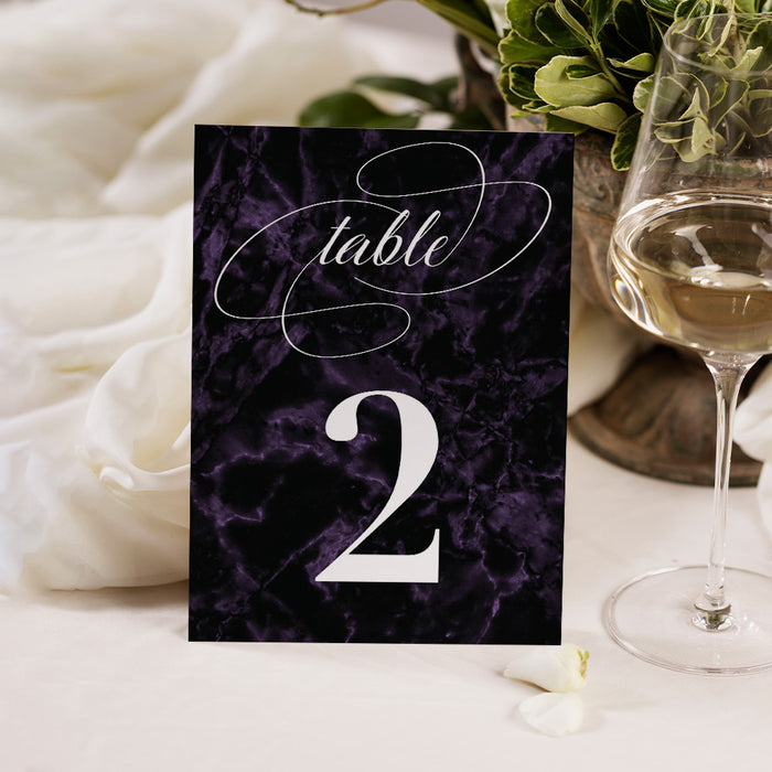 Table number card with dark purple marble design