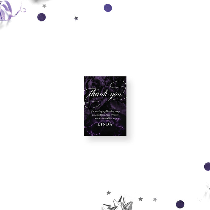 Thank you gift tag with elegant dark purple marble background, perfect for birthday party favors