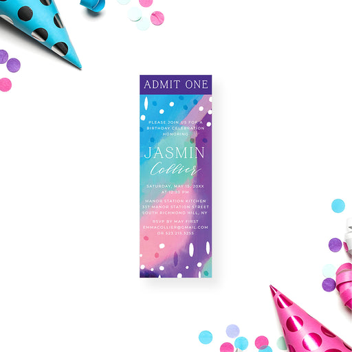 Colorful abstract paint birthday ticket invitation with admit one header, vibrant artistic party invite with modern design