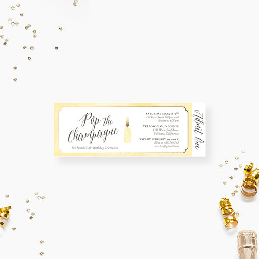 Pop the champagne ticket invitation with a champagne bottle illustration, ideal for milestone birthdays or bachelorette celebrations.
