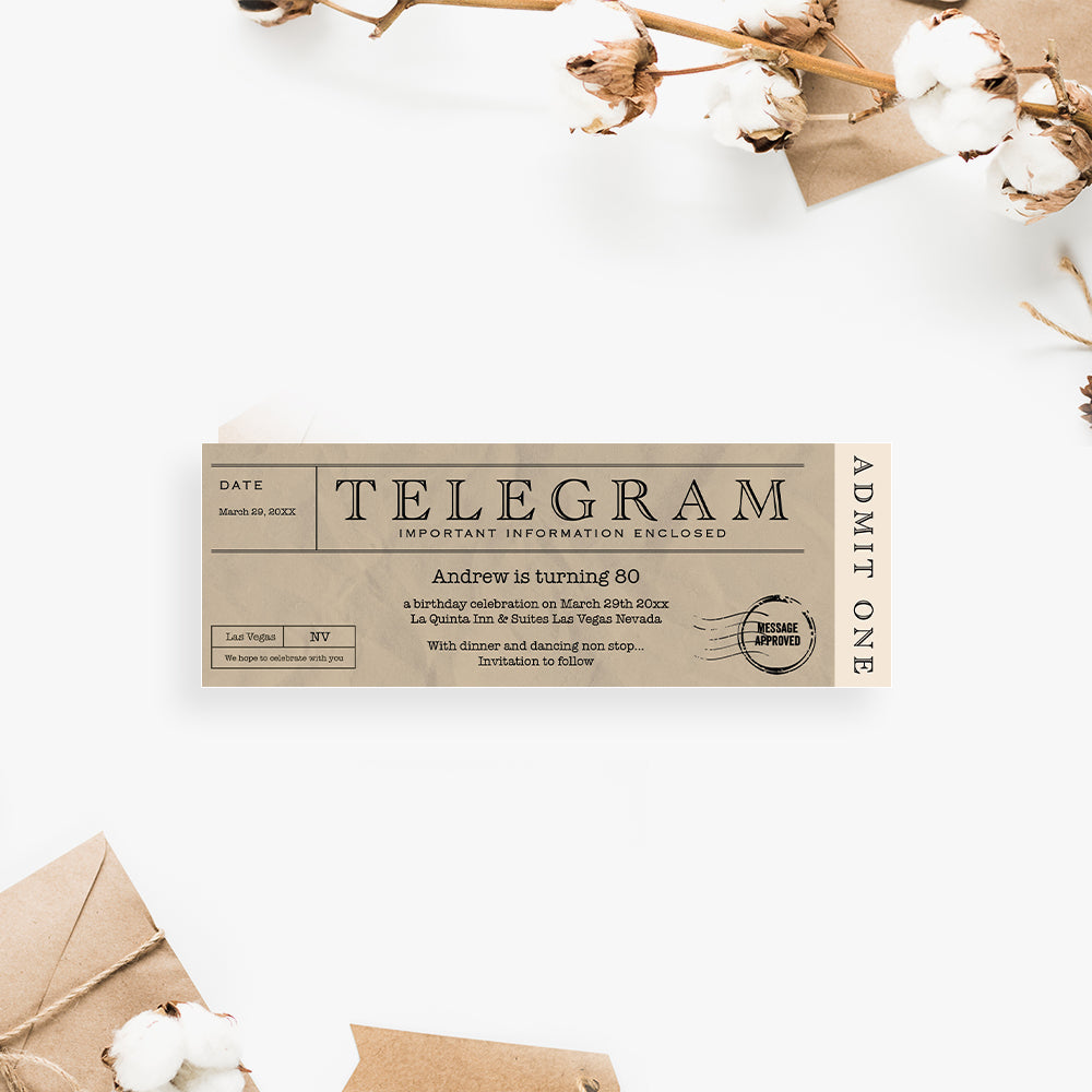 Vintage Telegram Ticket Invitation Retro Birthday Party Invite