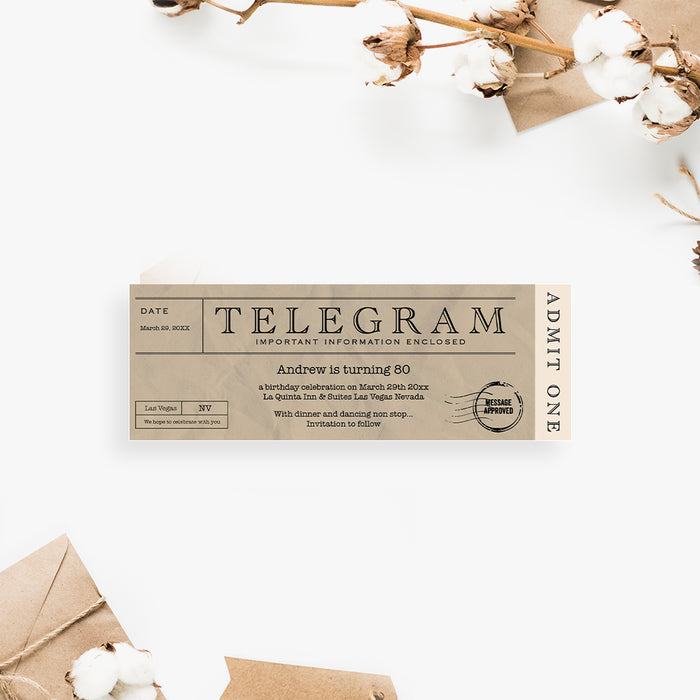 Vintage ticket-style invitation designed like a classic telegram for 40th, 50th, 60th, 70th, or 80th birthday party.