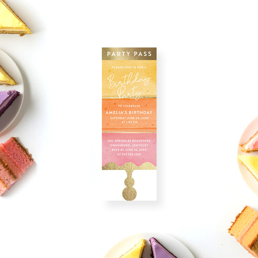 Cake-themed birthday party pass ticket invitation featuring pastel watercolor cake layers and gold accents
