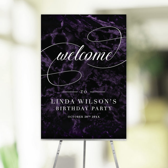 Birthday party welcome sign with elegant dark purple marble background and stylish typography