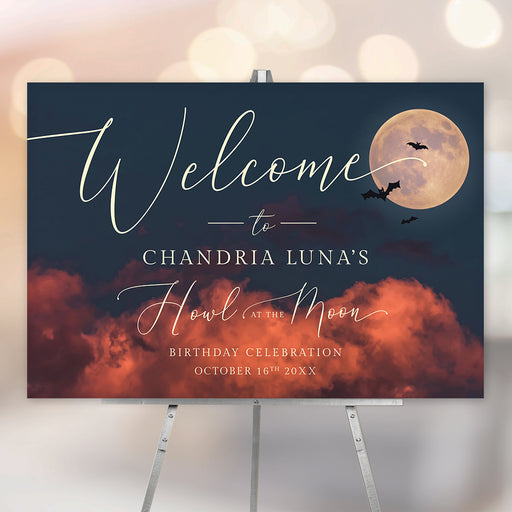 Howl at the Moon birthday welcome sign featuring a glowing full moon, flying bats, orange clouds, and custom birthday details for a spooky celebration.