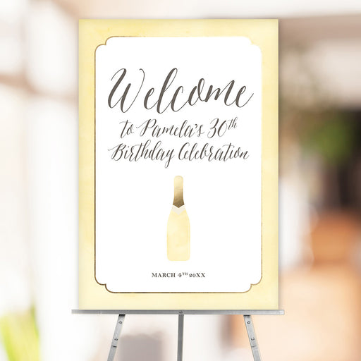 Birthday welcome sign with a champagne bottle, perfect for milestone birthdays, bridal showers, or bachelorette parties.