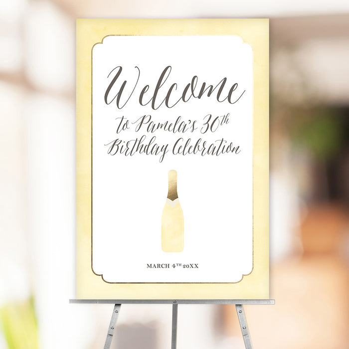 Birthday welcome sign with a champagne bottle, perfect for milestone birthdays, bridal showers, or bachelorette parties.