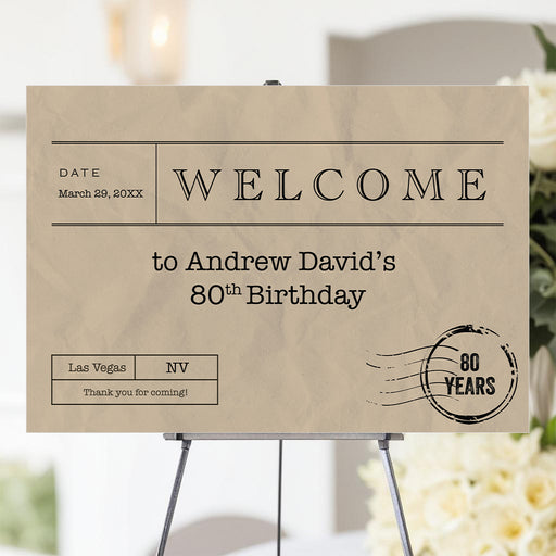 Vintage telegram-style welcome sign with a brown retro paper design, perfect for a birthday party entrance or venue decor.