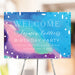 Colorful abstract paint birthday welcome sign with vibrant artistic design, modern party event decor sign on easel