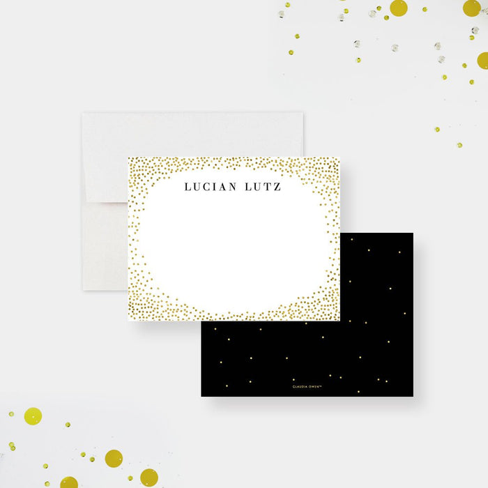 Black and Gold Business Thank You Cards for Professionals. Front and matching black back with scattered printed gold confetti displayed with a white envelope.