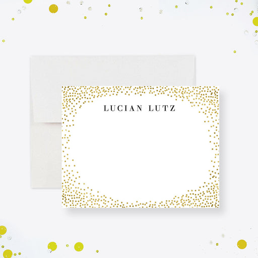Personalized note card with a white front with a printed gold confetti border and personalized business name. Shown with a white envelope.
