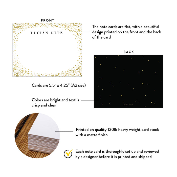 Product details for black and gold business thank you cards for professionals: front and back designs, A2 size, matte cardstock, and design proof.