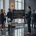 A woman in a dark suit is standing next to a large black sign that reads "Welcome to Smith Construction and Partners Corporate Lunch".