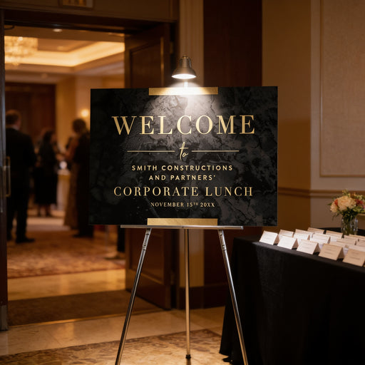 a black sign with gold lettering welcoming guests to a corporate lunch event.