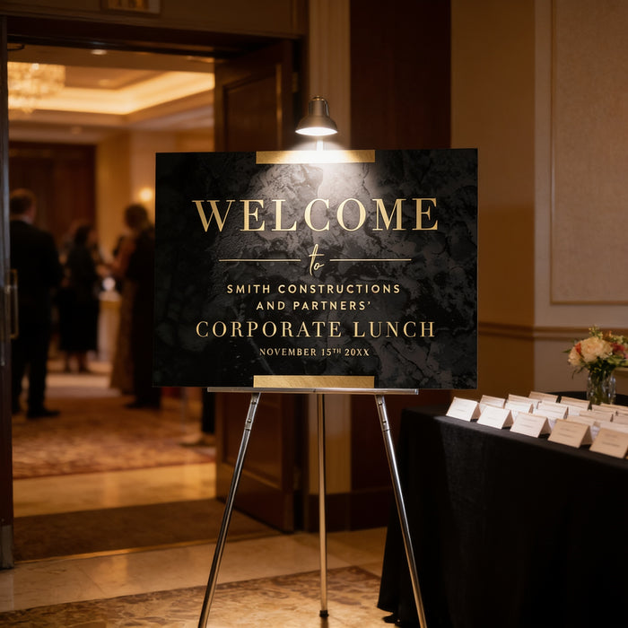 a black sign with gold lettering welcoming guests to a corporate lunch event.