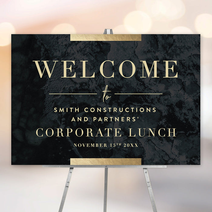 Corporate event welcome sign with elegant dark marble design and gold accents