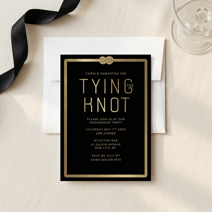 Black and gold engagement invitation flat lay