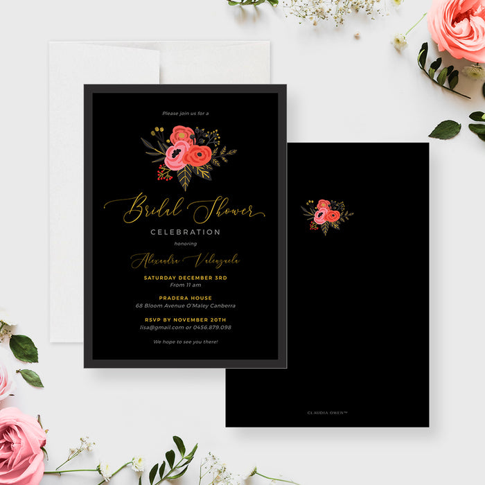 Black and gold floral bridal shower invitation template with elegant modern design-front-back