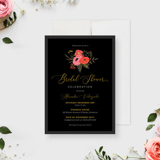 Black and gold floral bridal shower invitation template with elegant modern design-front