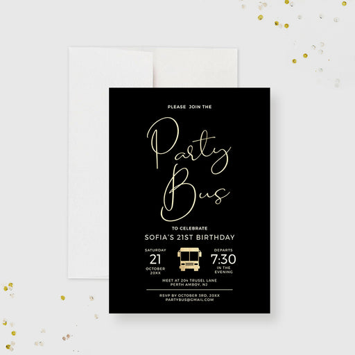 Party bus birthday invitation with fine gold colored script lettering on a black background.