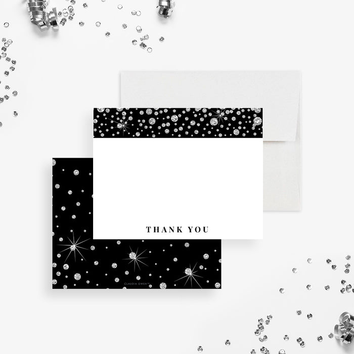 Black and white thank you note cards with printed diamond and sparkle illustrations across the top and reverse.