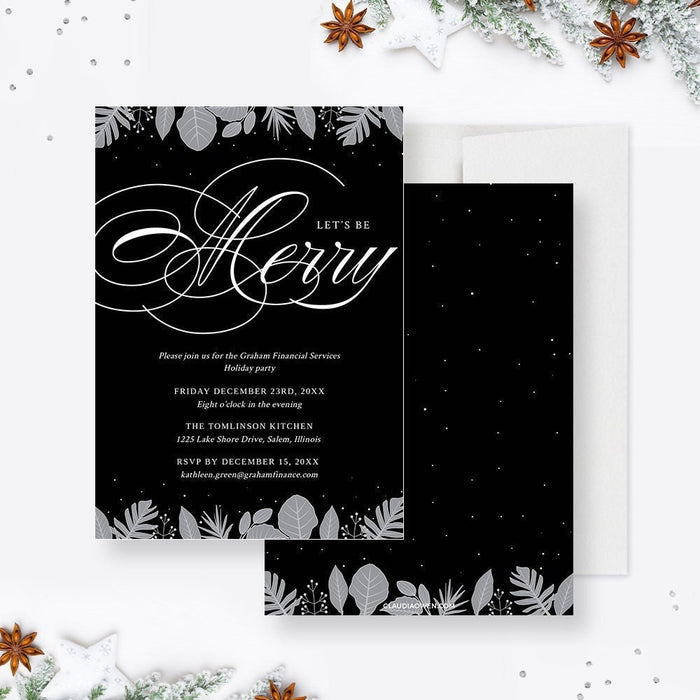 Elegant black holiday party invitation featuring silver leaves and modern typography for a stylish winter celebration.