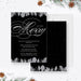 Elegant black holiday party invitation featuring silver leaves and modern typography for a stylish winter celebration.