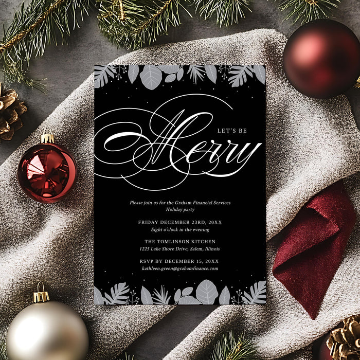 Elegant black holiday party invitation featuring silver leaves and modern typography for a stylish winter celebration.