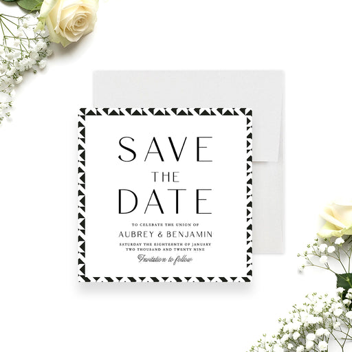 Personalized wedding save the date card with black and white geometric border-front