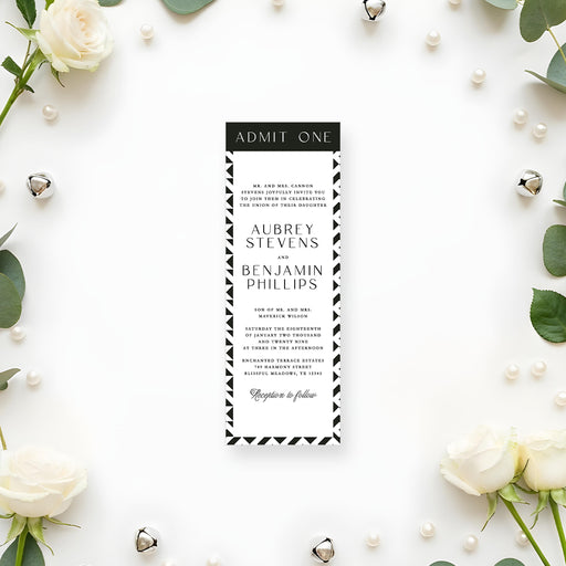 Black and white wedding ticket invitation with a geometric border in a modern minimalist style