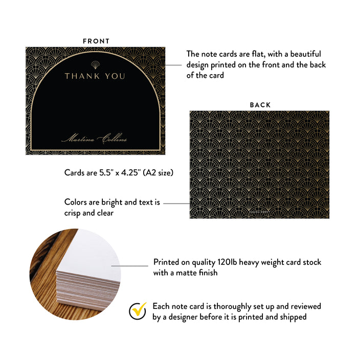 Front and back of black art deco thank you cards showing A2 dimensions and matte cardstock details.
