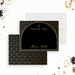 Personalized black thank you cards with a printed gold arched frame, script name and Art Deco geometric pattern on the front and reverse.