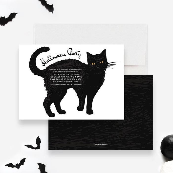 Halloween party invitation featuring a large black cat illustration with yellow eyes on a white background. The event details are written across the cat’s body in a playful font, surrounded by small black bat graphics, creating a fun and spooky theme.