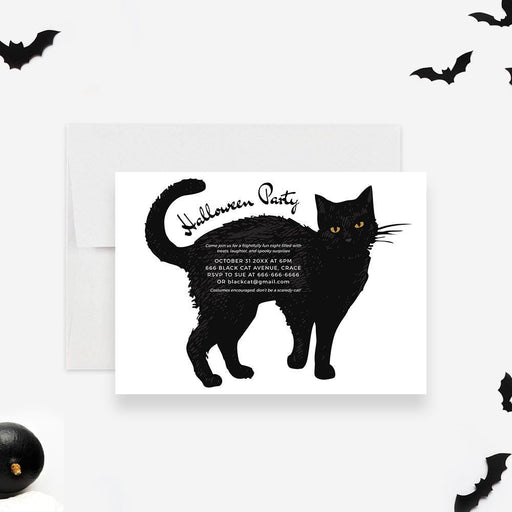 Halloween party invitation featuring a large black cat illustration with yellow eyes on a white background. The event details are written across the cat’s body in a playful font, surrounded by small black bat graphics, creating a fun and spooky theme.