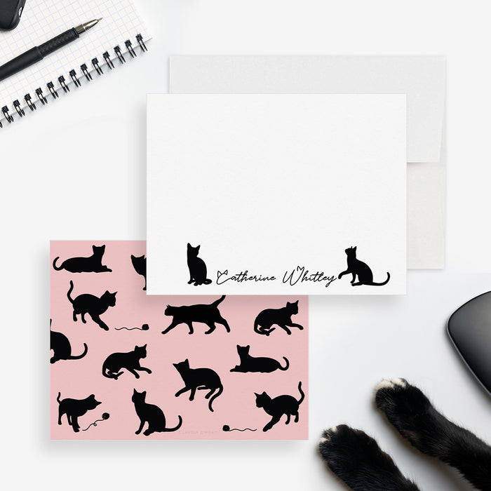 Custom black cat stationery set featuring minimalist cat silhouettes and custom name, perfect for cat moms, pet lovers, and personalized thank-you notes