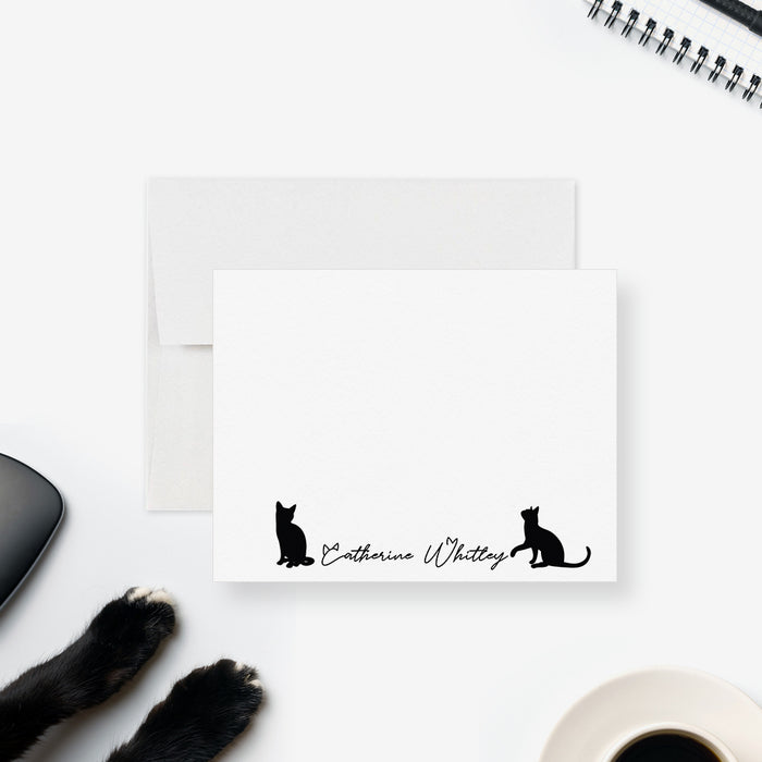 Custom black cat stationery set featuring minimalist cat silhouettes and custom name, perfect for cat moms, pet lovers, and personalized thank-you notes

