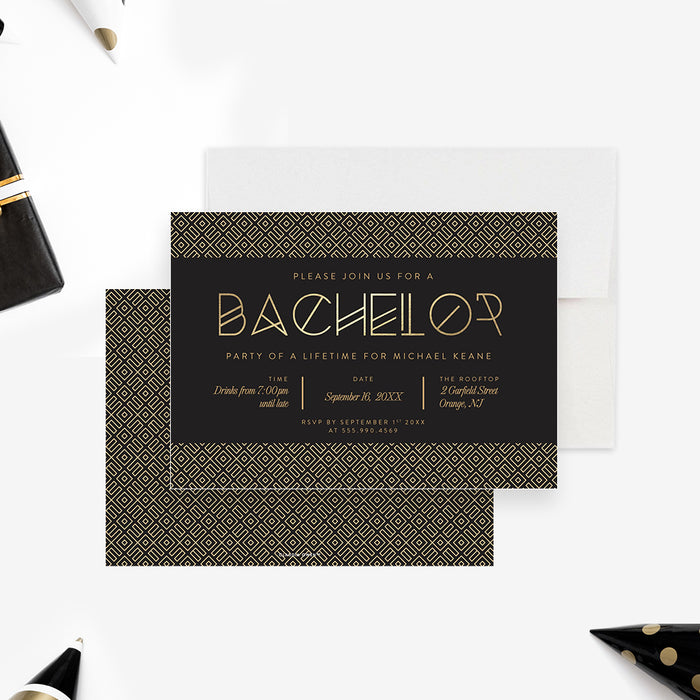 Black and gold bachelor party invitation modern elegant design-front-back