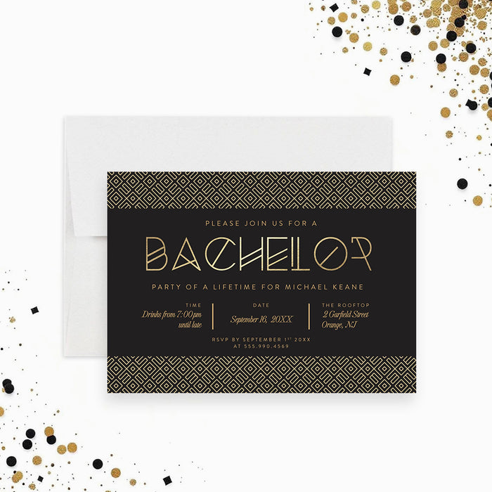 Black and gold bachelor party invitation modern elegant design-front
