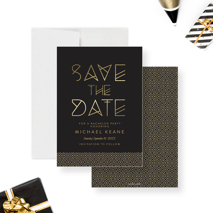 Bachelor party save the date black gold modern card-front-back