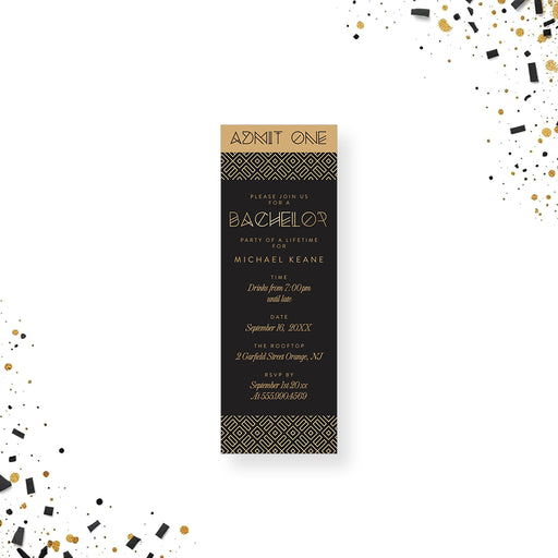 Bachelor party ticket invitation black gold admit one