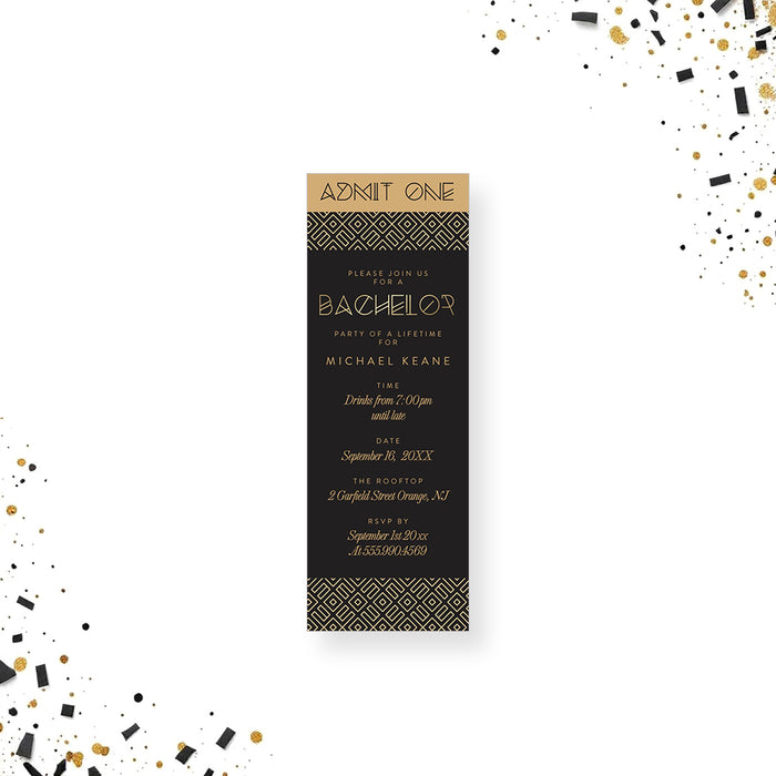 Bachelor party ticket invitation black gold admit one