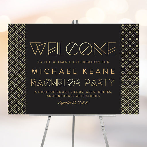 Bachelor party welcome sign black gold modern decor