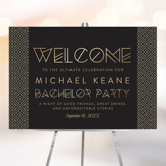 Bachelor party welcome sign black gold modern decor